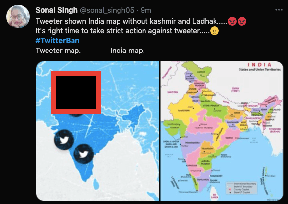 Twitter shows wrong India map
