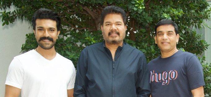 Ram Charan poses with his upcoming director Shankar Shanmugham and producer Dil Raju Ram Charan, Shankar Shanmugham movie