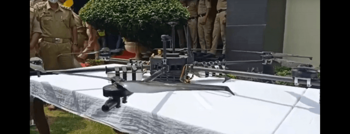Cops showing drone shot down near Jammu on Friday morning drone