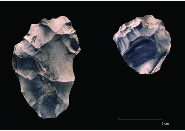 Picture of a large Levallois flake (on the left) and a Levallois core (right)