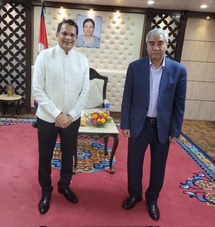 Vijay Chauthaiwale with Nepal Prime Minister Sher Bahadur Deuba Meet Vijay Chauthaiwale; BJP's foreign affairs chief on mission to strengthen India-Nepal ties