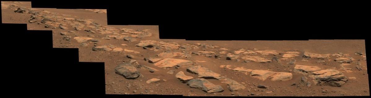 This mosaic image (composed of multiple individual images taken by NASA's Perseverance rover) shows a rock outcrop in the area nicknamed Mars surface