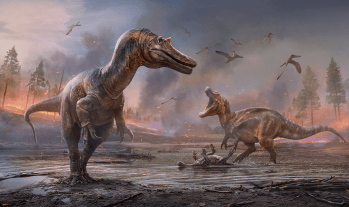 Artists impressions of the Spinosaurids. Ceratosuchops inferodios in the foreground, Riparovenator milnerae in the background Dinosaur