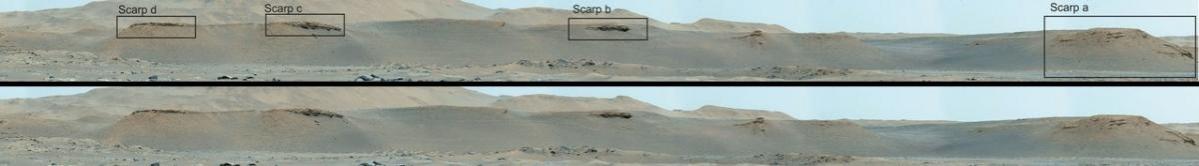 The top mosaic of Jezero Crater's river delta was stitched together from multiple images taken by the Mastcam-Z instrument aboard NASA's Perseverance rover on Apr. 17, 2021. The bottom annotated image highlights the location of four prominent long, steep slopes known as escarpments, or scarps. Credit: NASA/JPL-Caltech/ASU/MSSS Mars