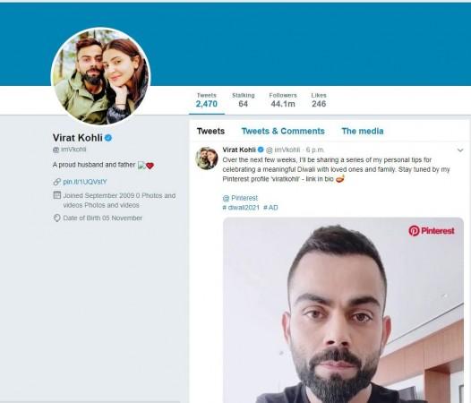 Twitter screenshot of Virat Kohli page