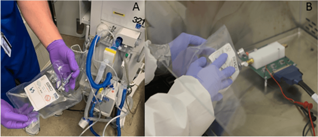 (A) Breath bag was connected to exhalation port of ventilator at approximately 1 liter of exhaled gas was collected over 3–5 respiratory cycles. (B) Samples were brought to a BSL 3 lab and attached to breathalyzer circuit in hood. New test
