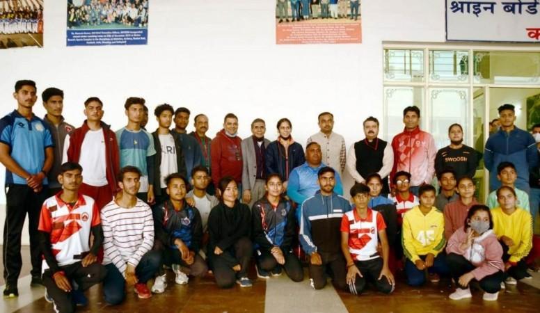 Ace shuttler Saina Nehwal with players of SMVD Sports Complex Katra Saina Nehwal