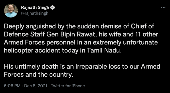 Other leaders and ministers, including President of India, Defense minister and others expressed their condolences.