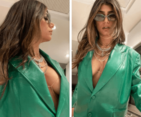 Mia Khalifa goes braless, is too hot to handle in a green pantsuit