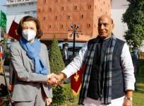 India's defence minister Rajnath Singh after meeting with her counterpart French counterpart Florence Parly.