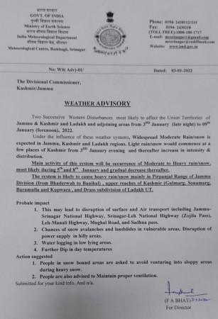 Warning of Avalanches in J&K
