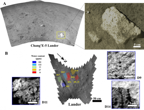 Context images and water content at the Chang'E-5 landing site