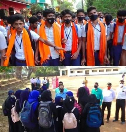 Hijab row in Karnataka escalates as some students turn out in saffron shawls to protest hijab row
