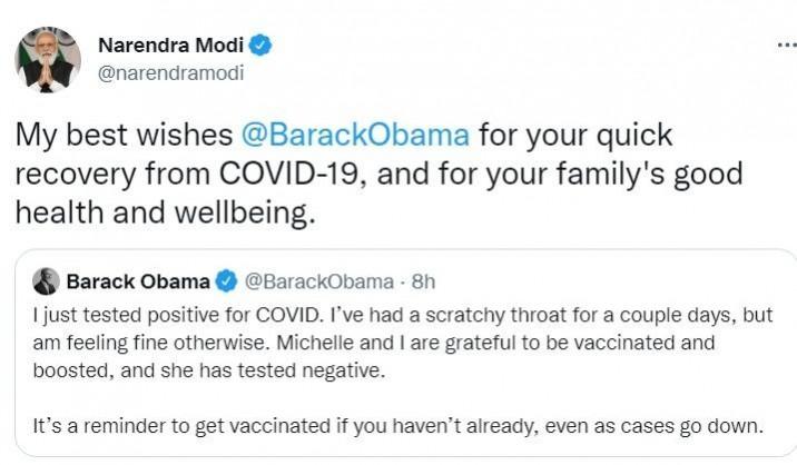 PM Modi wishes Obama quick recovery from Covid.(photo:Modi/Twitter) PM Modi wishes Obama quick recovery from Covid.(photo:Modi/Twitter)