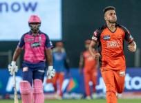 Sun Risers Hyderabad Umran Malik celebrates after taking wicket of Rajasthan Royals Devdutt Padikkal during Indian Premier League 2022 cricket Match between Rajasthan Royals and SunRisers Hyderabad at MCA Stadium in Pune on Tuesday March 29,2022