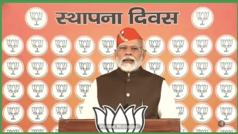 PM Modi addressing BJP workers on 42nd BJP Foundation Day. Prime Minister Modi