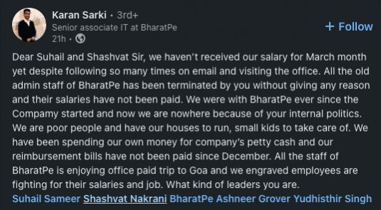 BharatPe in new predicament as employees allege non-payment of salaries; CEO makes matter worse