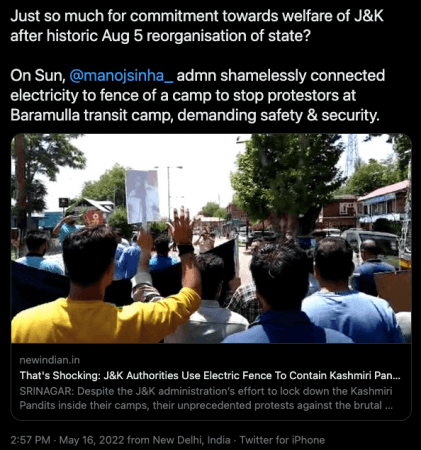 No electric fence used to contain protesting Kashmiri Pandits in Baramulla [truth here]