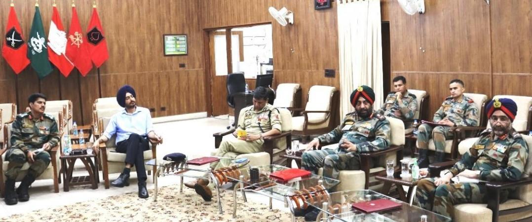 GoC White Knights Corps Lt General Manjinder Singh chairing a high level meeting at Nagrota Jammu to review security scenario in Jammu Army, police officers review security scenario in Jammu