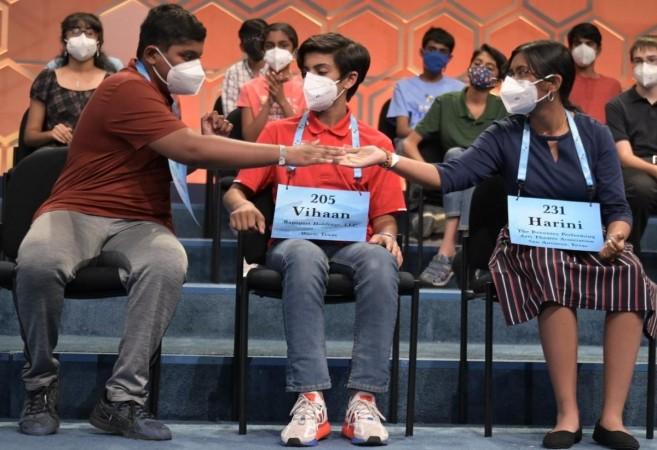 The three finalists of 2022 National Spelling Bee championship in Washington on Thursday, June 02, 2022. From left, Vikram Raju, the runner-up, Vihaan Sibal, who finished third, and Harini Logan, the winner. spelling bee competition