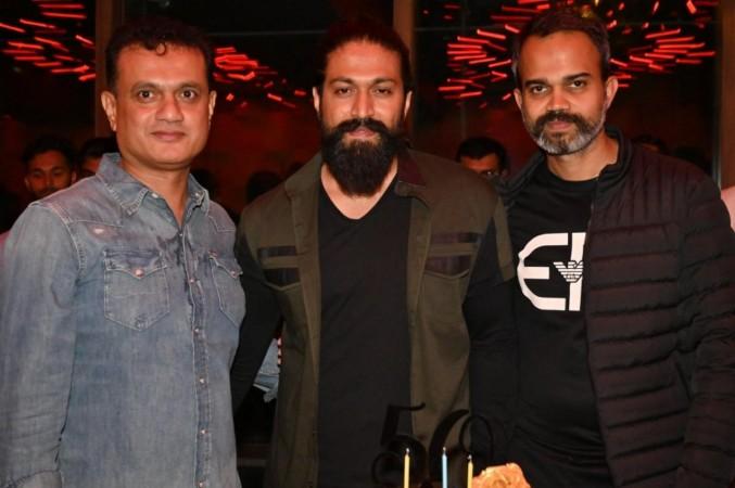 Yash with KGF producer Vijay Kiragandur and director Prashanth Neel. Prashanth Neel birthday celebrations