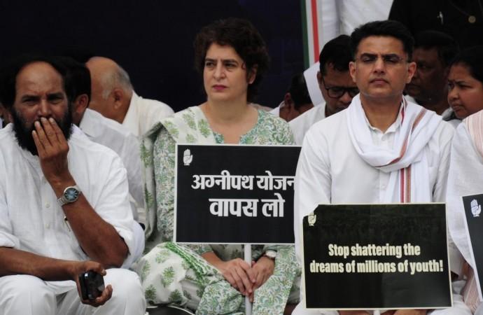 Congress leaders Priyanka Gandhi Vadra, Sachin Pilot and others protest against the 'Agnipath' recruitment scheme, at Jantar Mantar in New Delhi on Sunday, June 19, 2022 Congress Satyagrah