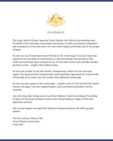 Australian PM mourns loss of Shinzo Abe Australian PM mourns loss of Abe