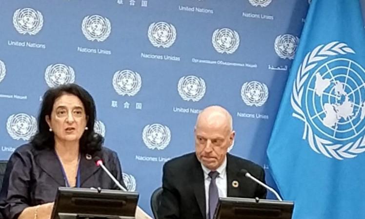 Maria-Francesca Spatolisano, the United Nations Assistant-Secretary-General for Policy Coordination and Inter-Agency Affairs, left, and Population Division Director John Wilmoth at the release of the World Population Prospects report on Monday, July 11, 2022 UNSC