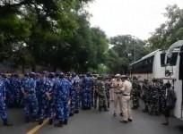 Heavy security deployed outside Congress HQ.