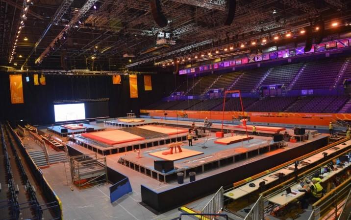 Birmingham:Workers prepare Gymnastics stadium ahead of Commonwealth Games in Birmingham,United Kingdom on Monday July 25,2022. Gymnastics stadium ahead of Commonwealth Games