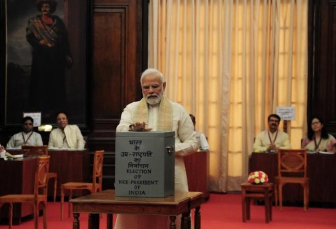 Prime Minister Narendra Modi casts his vote for the Vice Presidential election, at the Parliament in New Delhi in New Delhi On Saturday, Aug.06, 2022 Prime Minister Narendra Modi