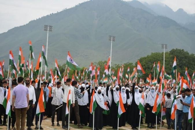 Female students of Tral school participating in Tiranga rally. Tral was once infamous as a hotbed of terrorism Tiranga