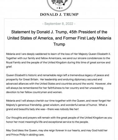Donald Trump statement Queen is dead