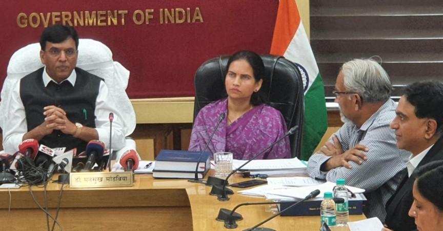 New Delhi : Union Minister of Health and Family Welfare Mansukh Mandaviya during the launch of National List of Essential Medicines (NLEM) at Nirman Bhawan in New Delhi on Tuesday, National List of Essential Medicines