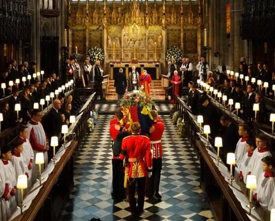 The coffin of Queen Elizabeth II is carried into St Georges Chapel for her Committal Service, in Windsor Castle on Monday, September 19, 2022 Queen Elizabeth