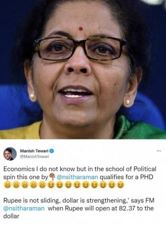 FM deserves Phd, says Congress reacting sharply on Nirmala Sitharaman's dollar strengthening statement. Rupee decline