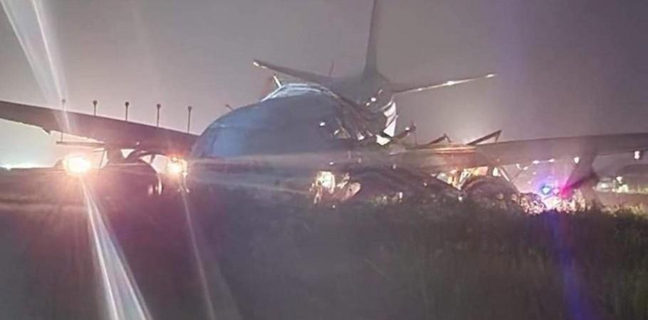 Seoul :This captured Twitter image shows Korean Air's KE631 flight, which overran the Mactan-Cebu International Airport runway in the Philippines on Oct. 23, 2022 Korean Air's KE631 flight, which overran the Mactan-Cebu International Airport runway in the Philippines on Oct. 23, 2022