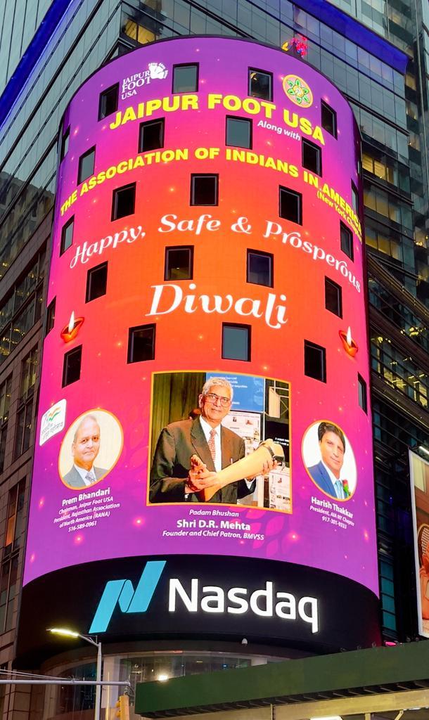 BMVSS chief patron Padma Bhushan DR Mehta, Prem Bhandari and Harish Thakkar's Diwali greeting displayed on NASDAQ
