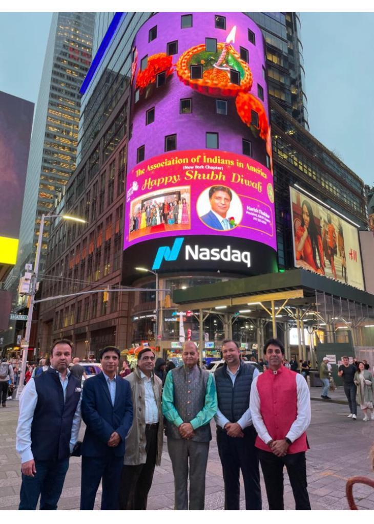 BMVSS chief patron Padma Bhushan DR Mehta, Prem Bhandari and Harish Thakkar's Diwali greeting displayed on NASDAQ