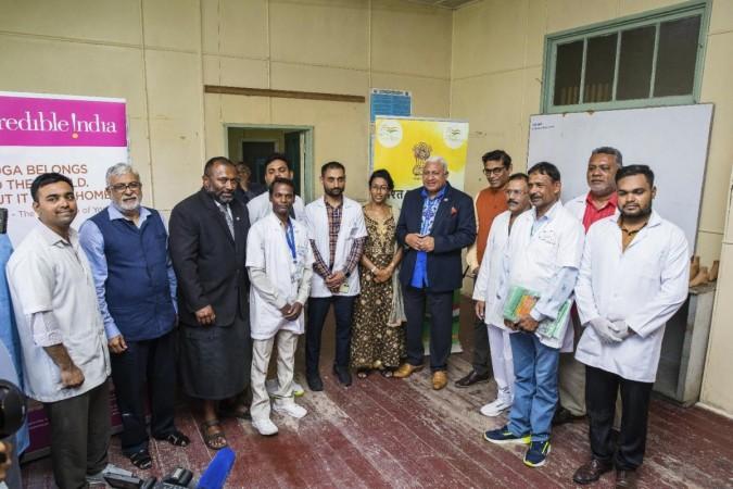 Fijian Prime Minister Frank Bainimarama, Dr Ifereimi Waqainabete, P.S. Karthigeyan, Satish Mehta, pose together with senior officials from the Government of Fiji and High Commission of India at Twomey hospital in Fiji's Capital Suva. Fijian Prime Minister Frank Bainimarama