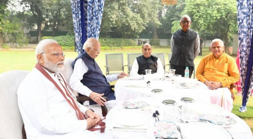 Prime Minister Narendra Modi, Defence Minister Rajnath Singh with Lal Krishna Advani on his birthday at his residence in New Delhi on Tuesday, November 08, 2022. Prime Minister Narendra Modi, Defence Minister Rajnath Singh with Lal Krishna Advani on his birthday at his residence in New Delhi on Tuesday, November 08, 2022.