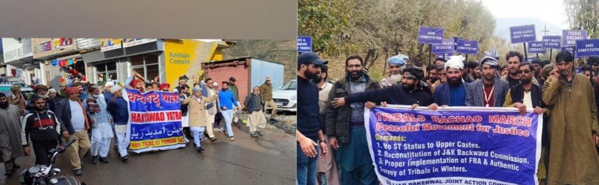 Members of Pahari ethnic groups are taking out thanks giving Yatra to thank Union Government to grant ST status to the community (left). Some groups of Gujjars and Bakerwals taking out any Yatra to oppose this move of the Union Government. Pahari and Gujjar-Bakerwals
