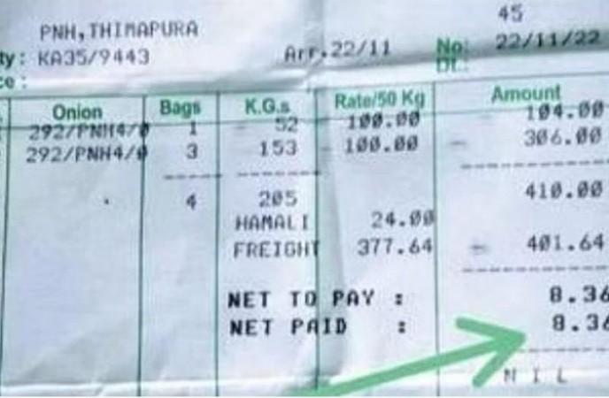 K'taka farmer gets Rs 8.36 for selling 205 kg onions, receipt goes viral K'taka farmer gets Rs 8.36 for selling 205 kg onions, receipt goes viral