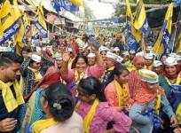 AAP workers hold party flags dance during AAP National Convenor