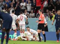 Players of Tunisia celebrate after Wahbi Khazri scored their side's opening goal against France during a World Cup