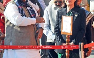 Congress MPs Mallikarjun Kharge, Sonia Gandhi and Adhir Ranjan Chowdhury during a tribute ceremony to pay homage to martyrs who lost their lives in the 2001 Parliament attack