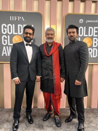 Jr NTR opts for black tuxedo; SS Rajamouli & Ram Charan opt for traditional Indian outfit as they walk Golden Globes red carpet