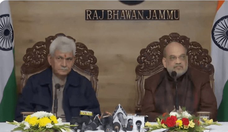 Union Home Minister Amit Shah interacting with media persons at Jammu on Friday Amit Shah