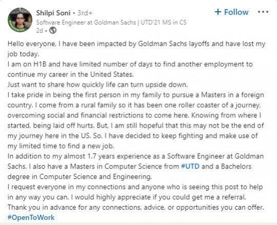 Shilpi Soni LinkedIn Post GoldmanSachs
