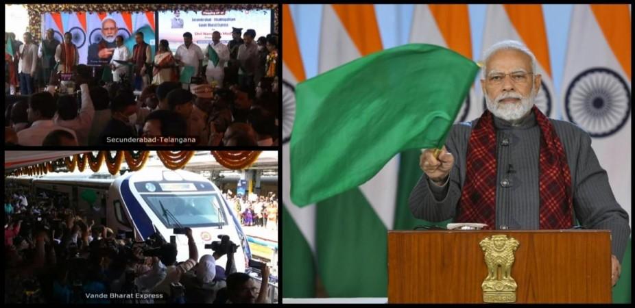 PM Modi flags off Vande Bharat train connecting Secunderabad with Visakhapatnam PM Modi flags off Vande Bharat train connecting Secunderabad with Visakhapatnam (Ld)